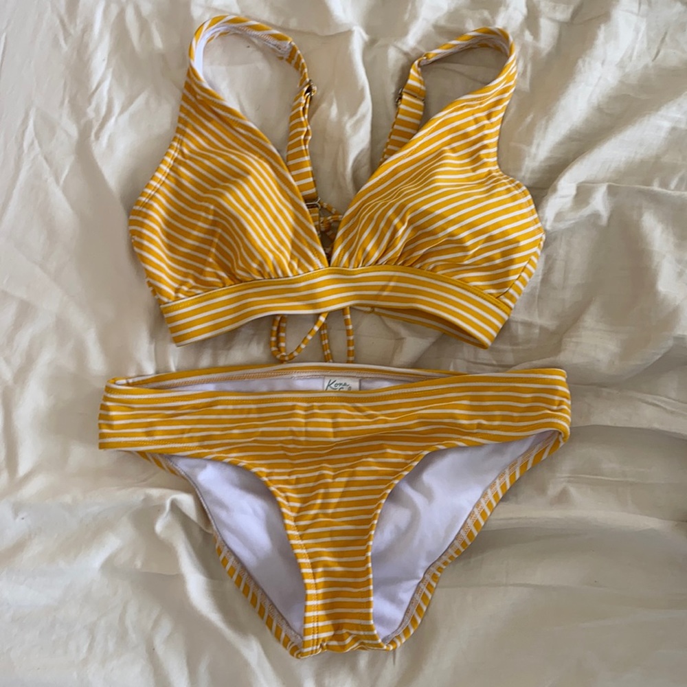 Yellow and White Striped Bathing Suit